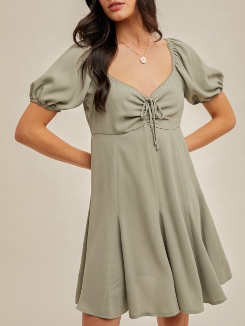 ☀️SALE☀️LACE EDGE TRIM SHORT SLEEVE FLARE MINI DRESS|SAGE